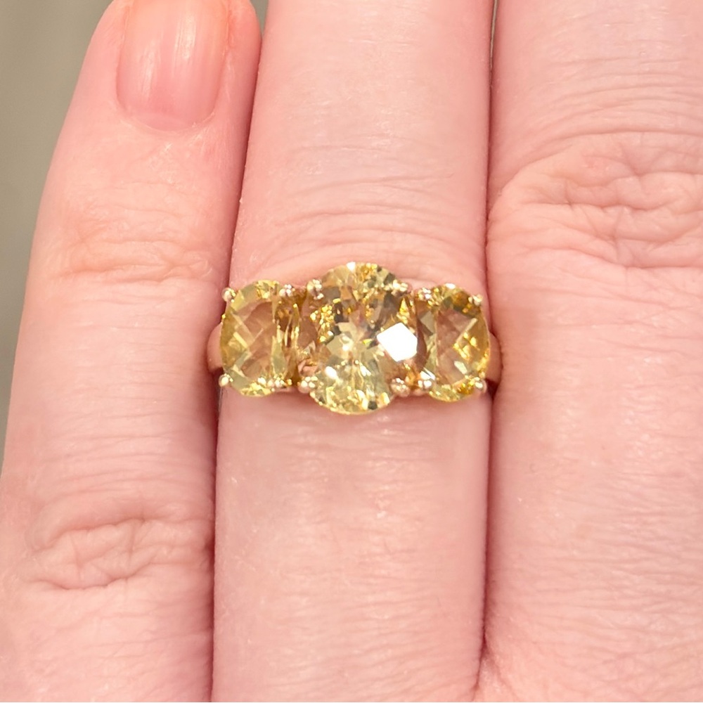 14K Golden Yellow Scapolite Ring Three Stone Oval Rose Cut 6.25 Clyde Duneier - Picture 3 of 16